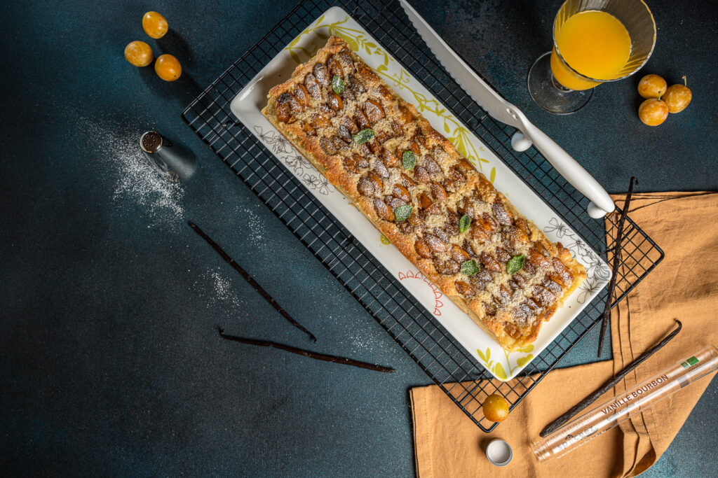 tarte aux mirabelles à la crème d'amande et vanille bourbon bio de spyceez